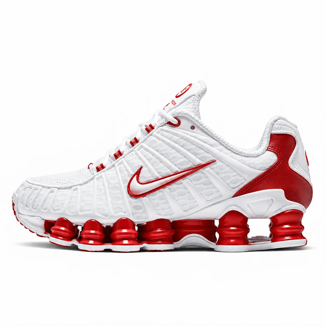 Nike Shox TL in white, red, side view of the sneaker on a white background.