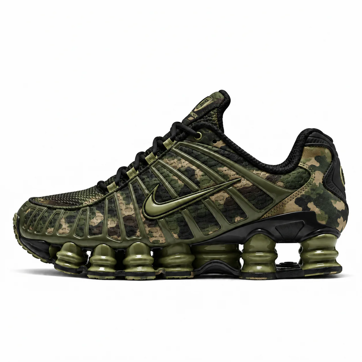 Nike Shox TL in olive, black, green, side view of the sneaker on a white background.