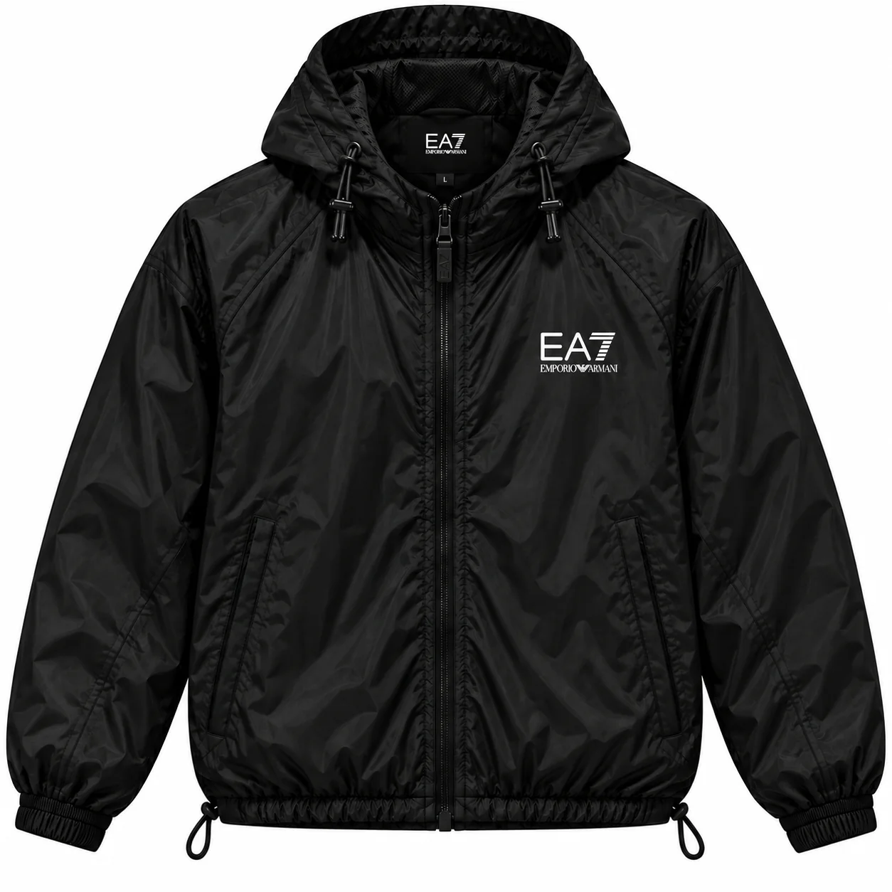 EA7 Logo Windbreaker in black, white, front view of the jacket on a white background.