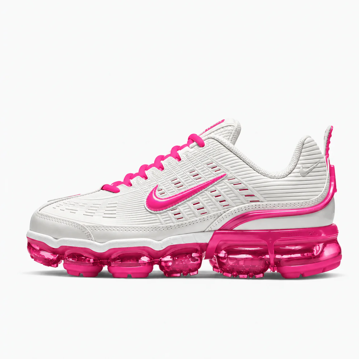 Nike Air VaporMax Plus in white, hot pink, side view of the sneaker on a white background.