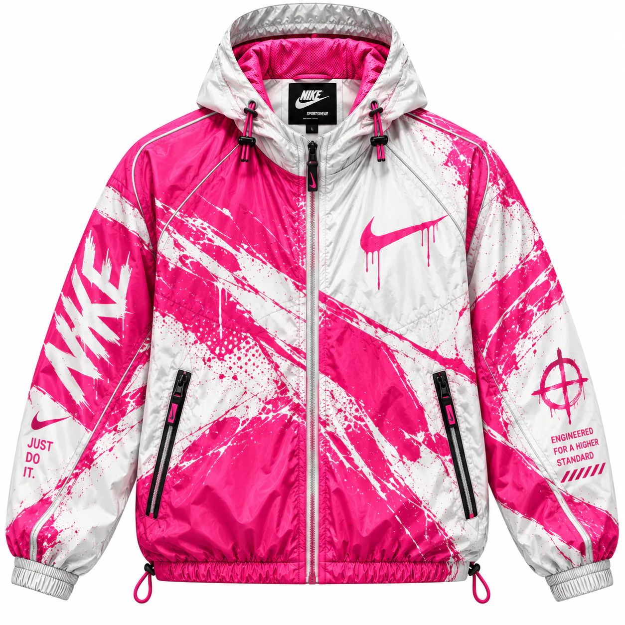 Nike Graphic Windbreaker in white, pink, front view of the jacket on a white background.