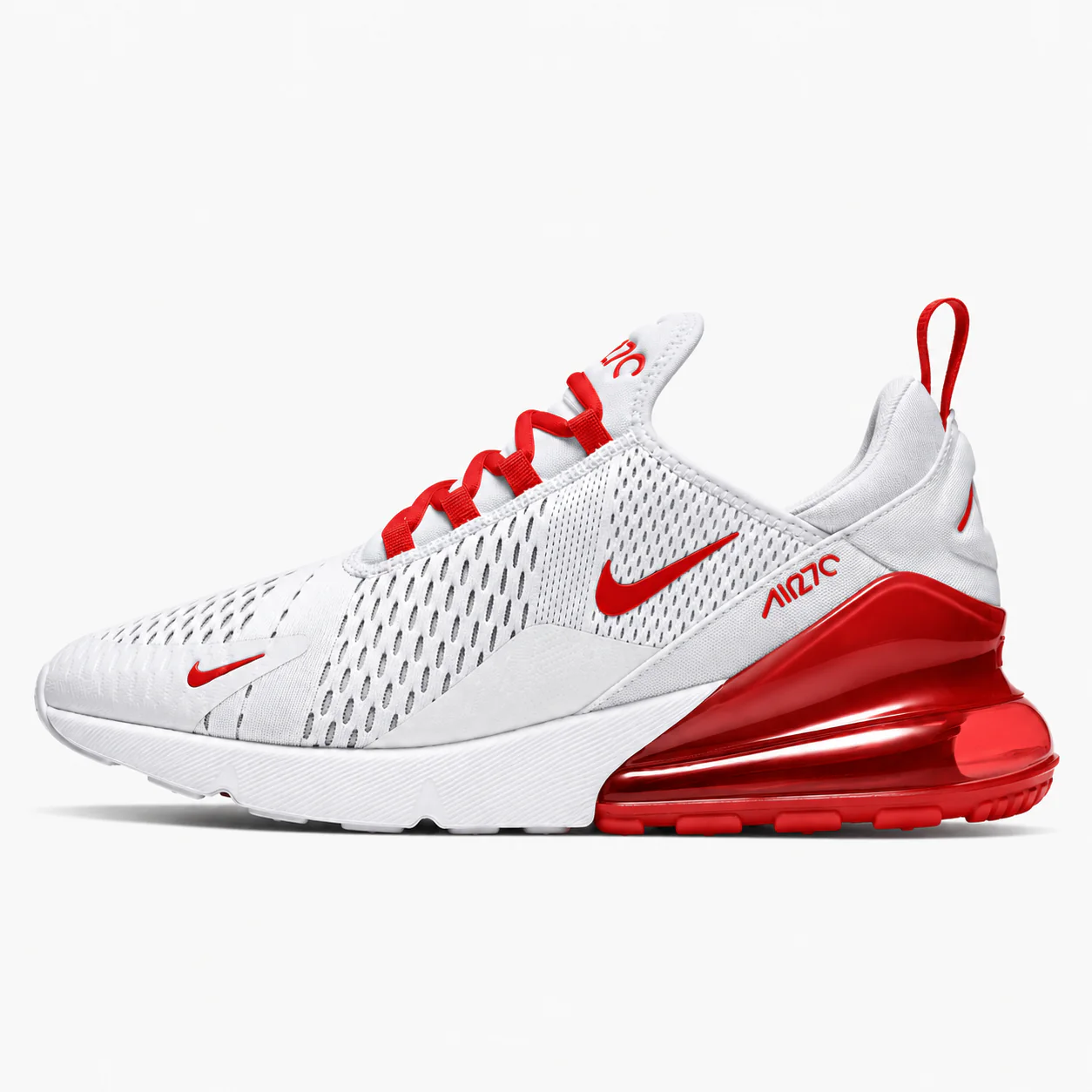 Nike Air Max 270 in white, red, side view of the sneaker on a white background.