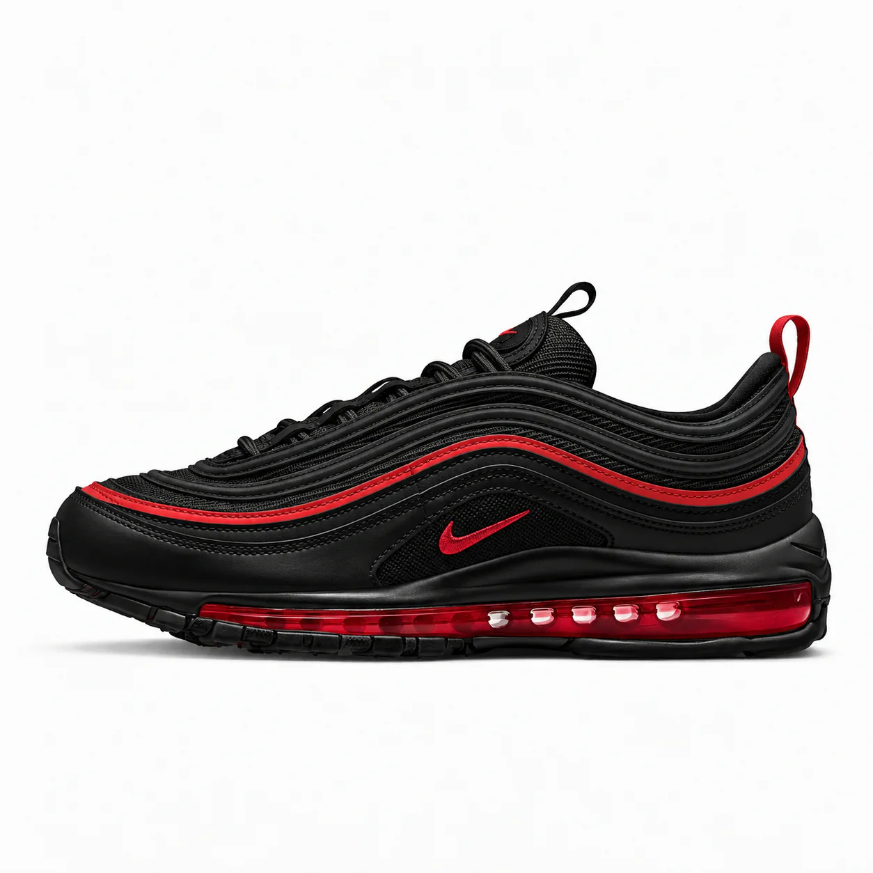 Nike Air Max 97 OG in black, red, side view of the sneaker on a white background.
