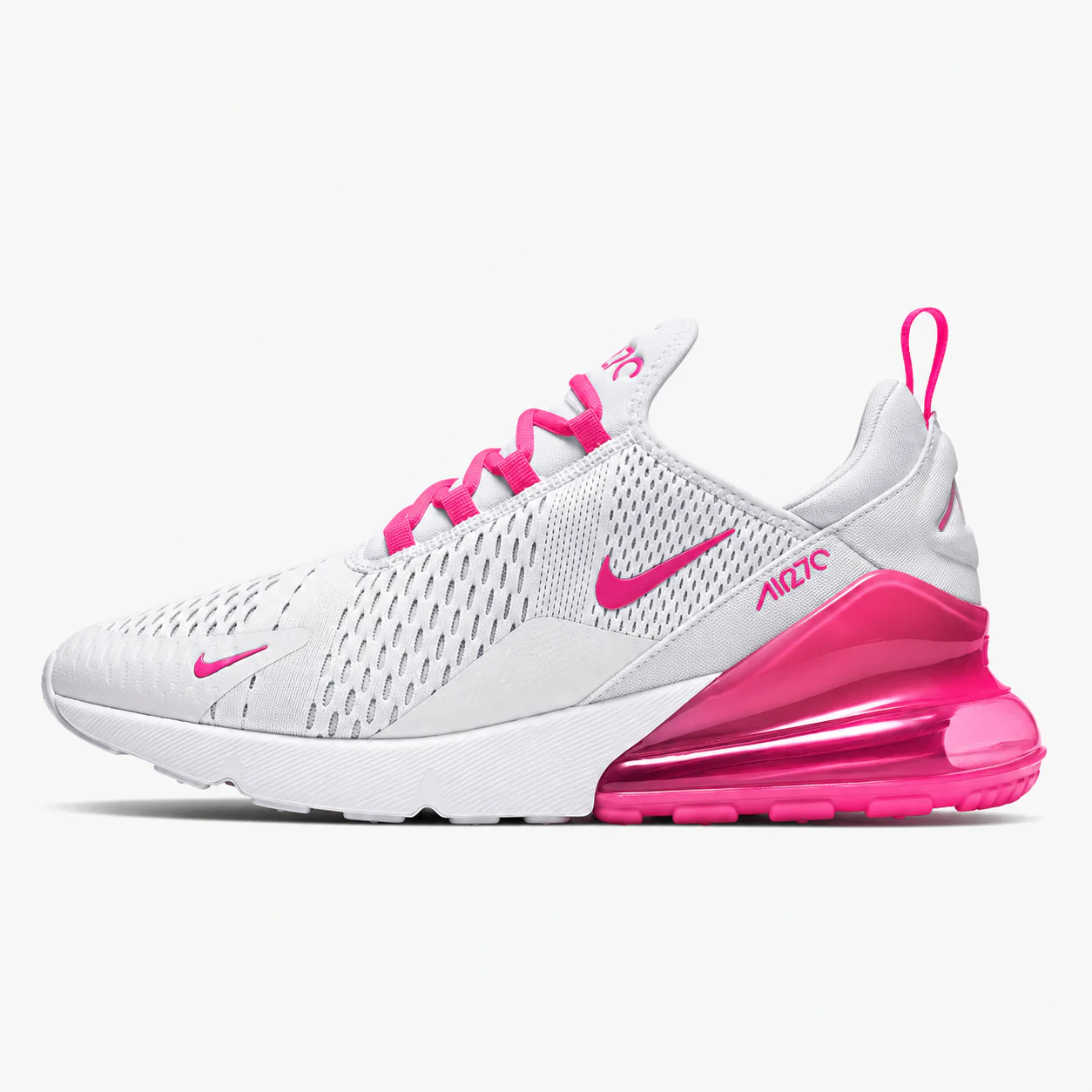Nike Air Max 270 in white, hot pink, side view of the sneaker on a white background.