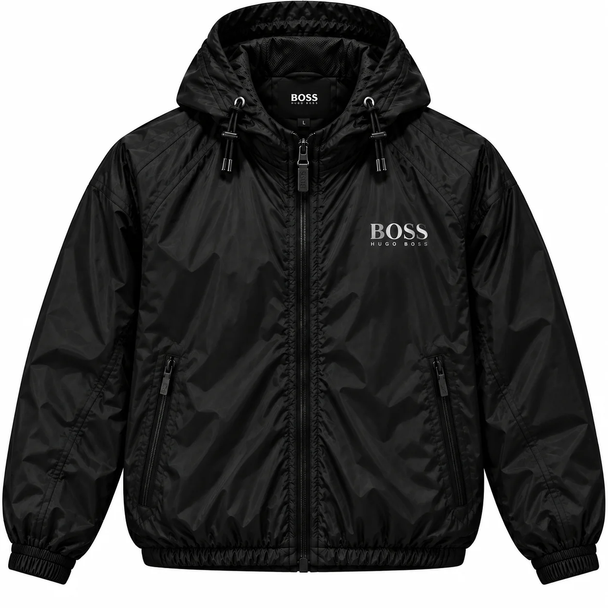 BOSS Logo Windbreaker in black, front view of the jacket on a white background.