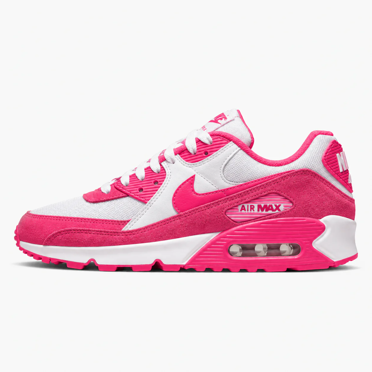Nike Air Max 90 in white, pink, side view of the sneaker on a white background.
