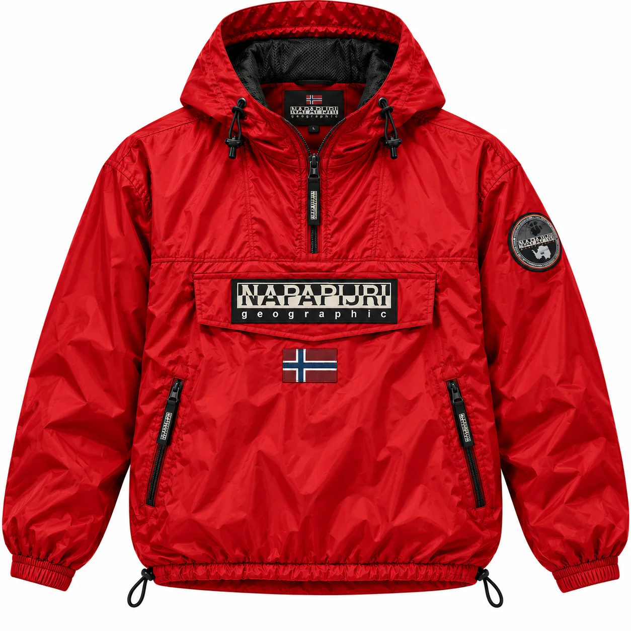 Napapijri Rainforest in red, front view of the jacket on a white background.