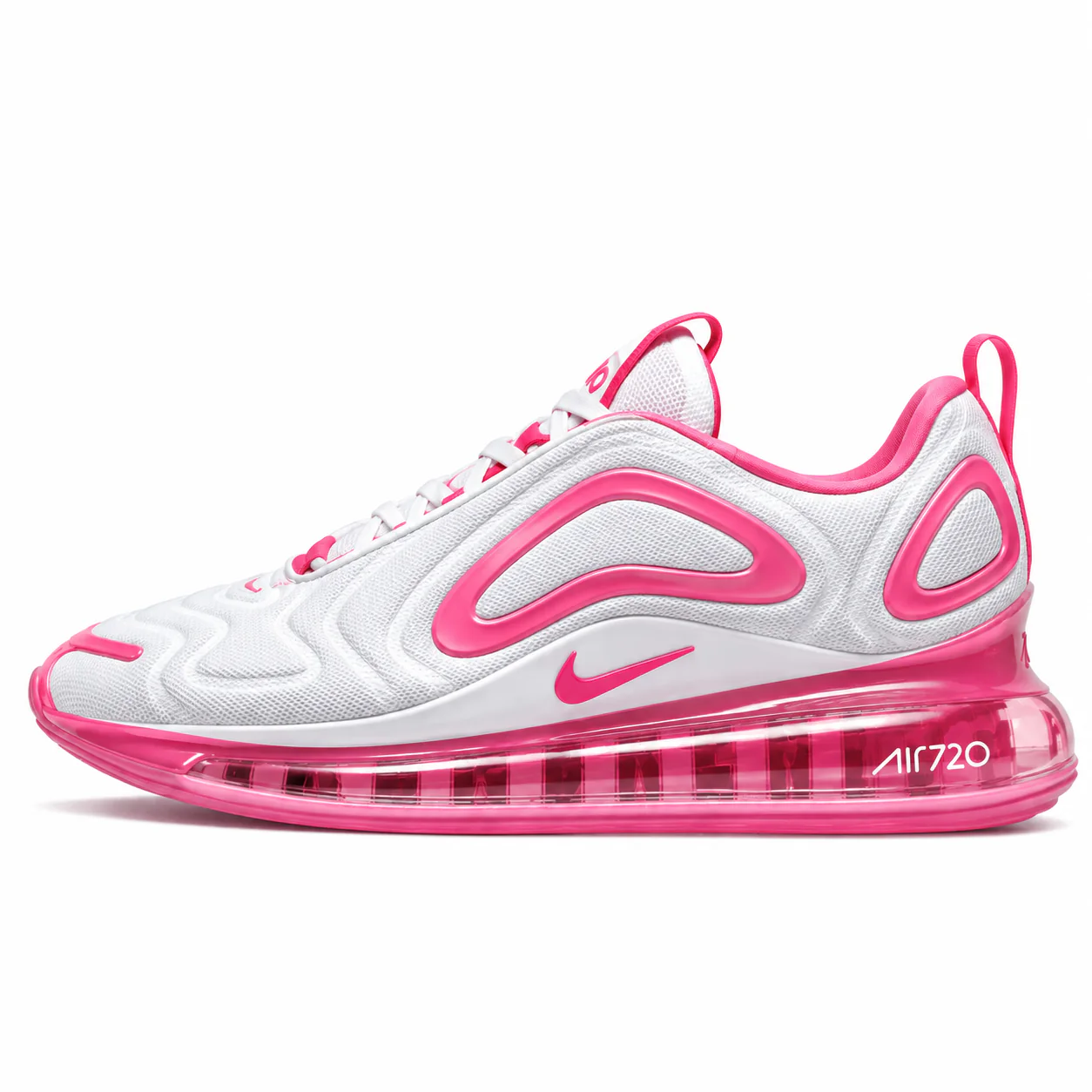 Nike Air Max 720 in white, pink, side view of the sneaker on a white background.