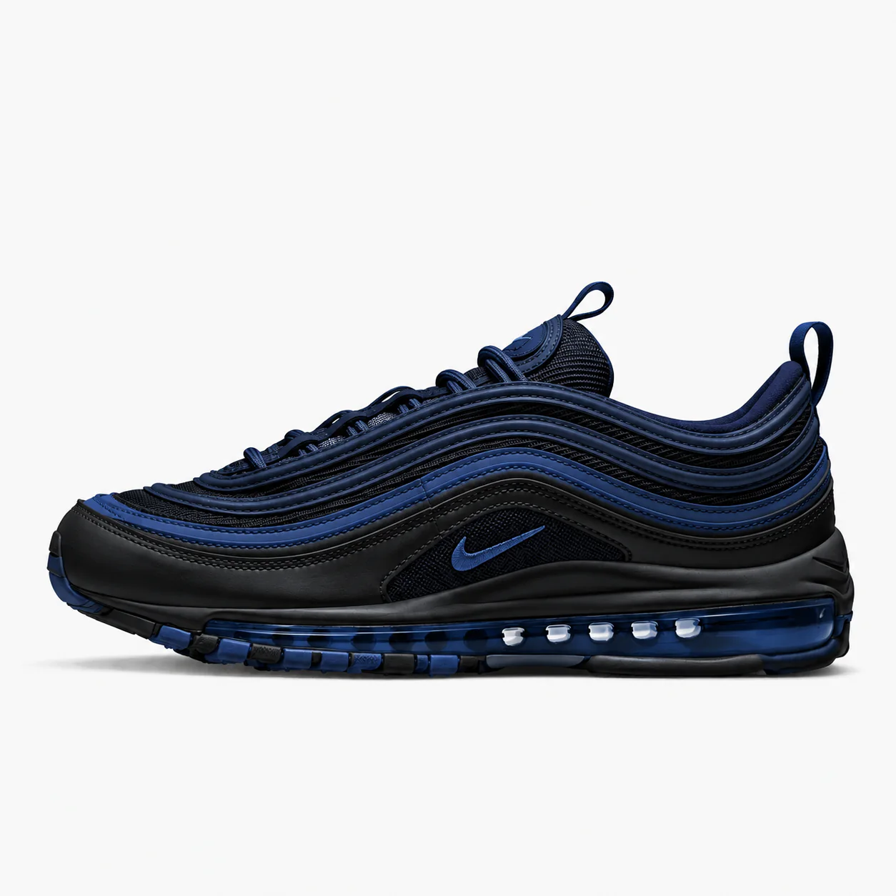 Nike Air Max 97 OG in black, navy blue, side view of the sneaker on a white background.