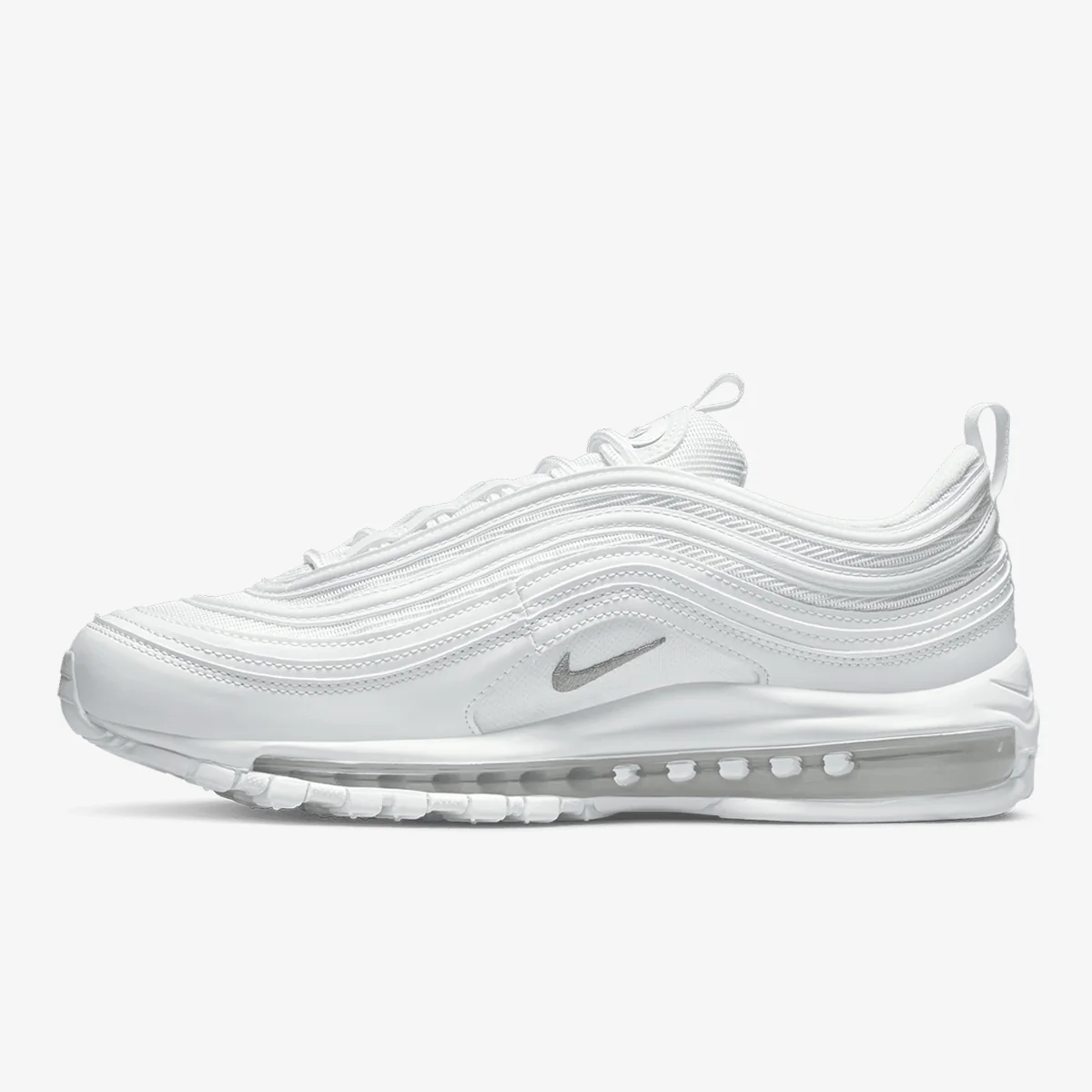 Nike Air Max 97 OG in white, silver, side view of the sneaker on a white background.