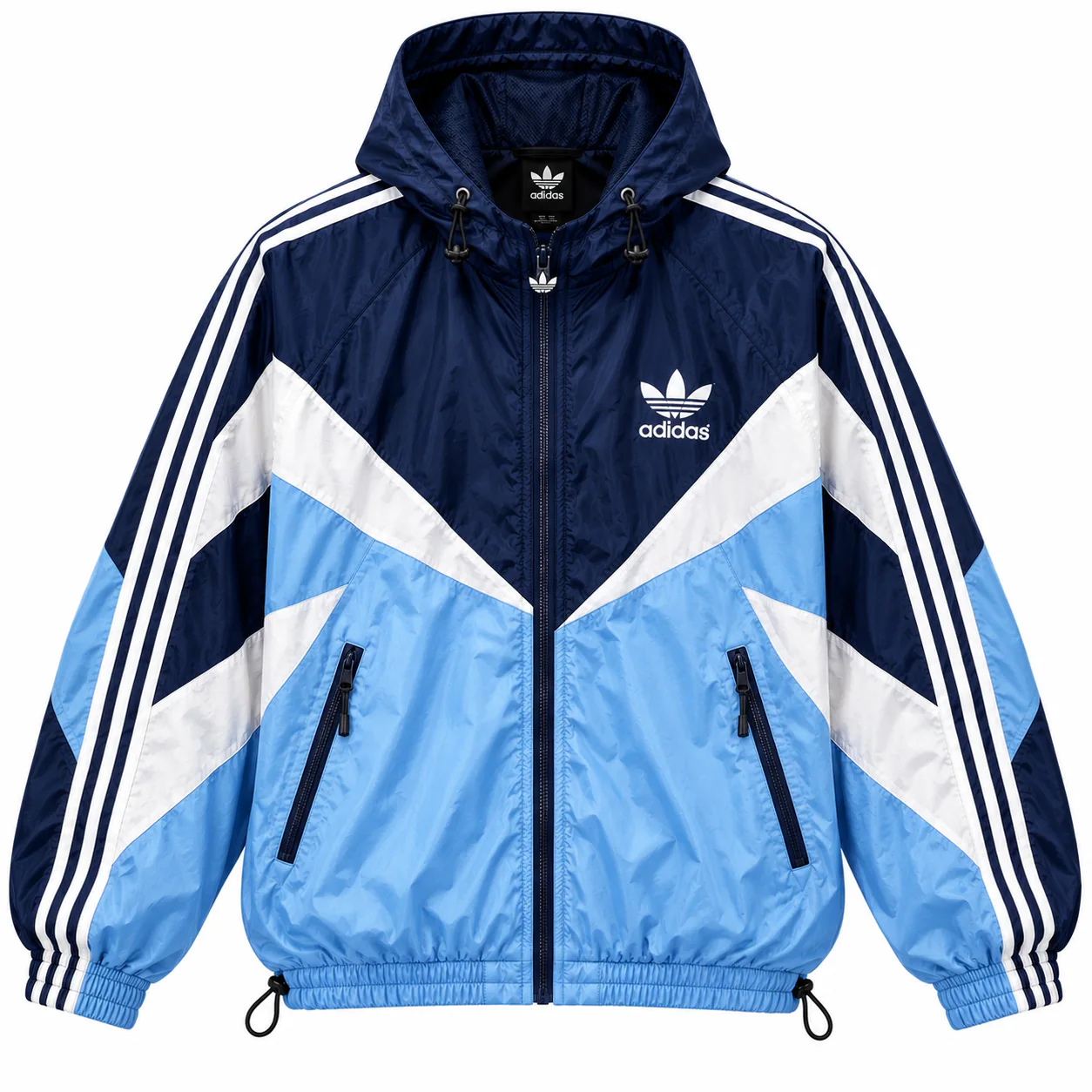 adidas Originals Colorblock in navy, blue, white, front view of the jacket on a white background.