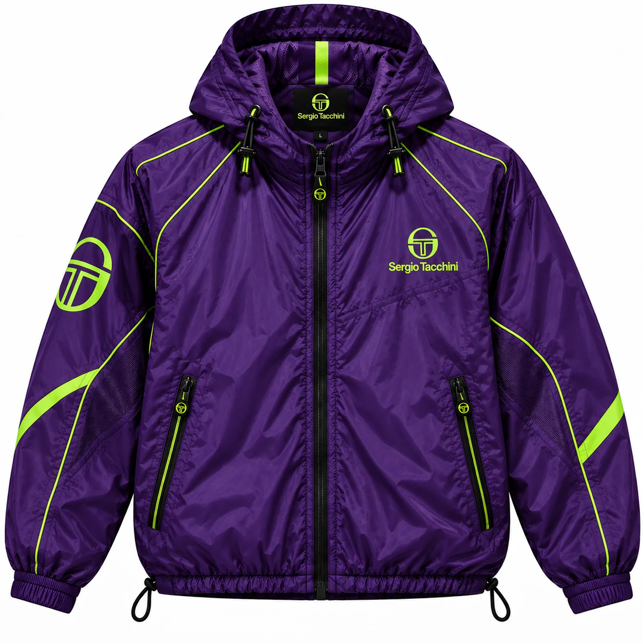 Sergio Tacchini Colorblock in purple, black, green, front view of the jacket on a white background.