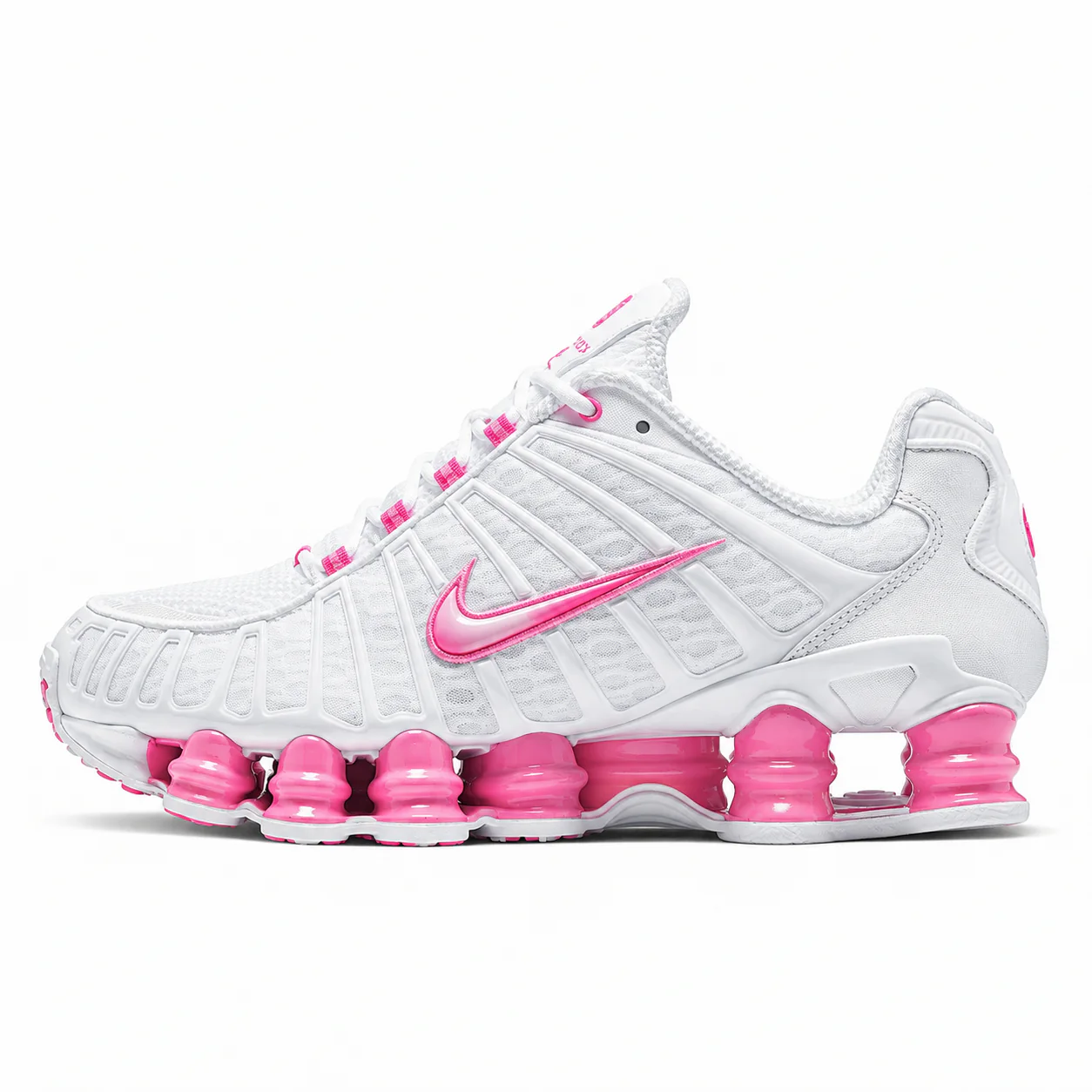 Nike Shox TL in white, pink, side view of the sneaker on a white background.