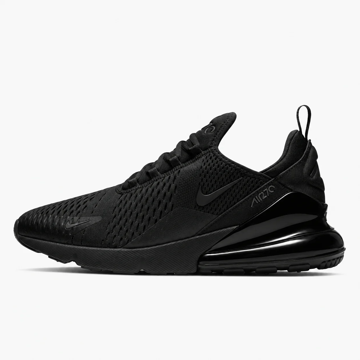 Nike Air Max 270 in black, side view of the sneaker on a white background.
