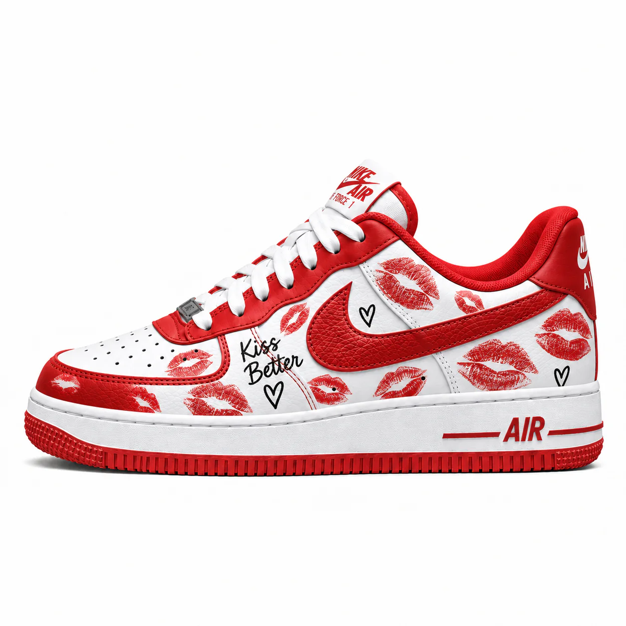 Nike Air Force 1 Low in white, red, side view of the sneaker on a white background.