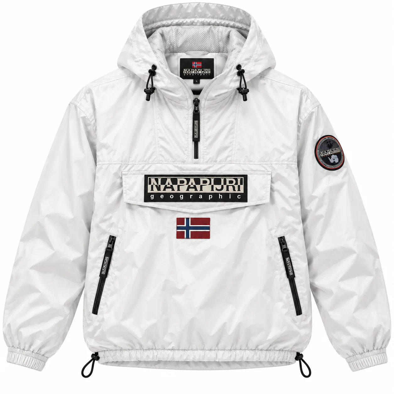 Napapijri Rainforest in white, front view of the jacket on a white background.