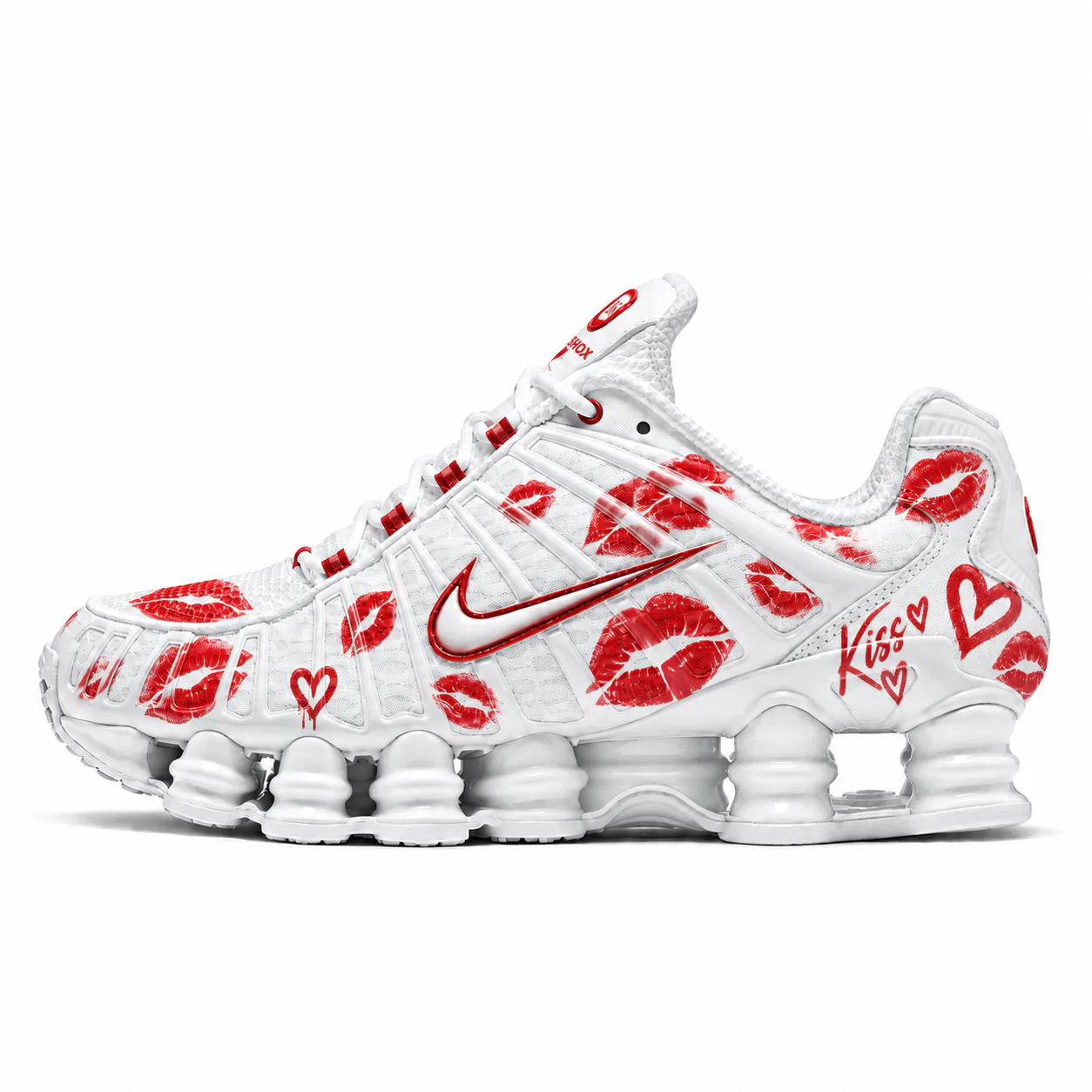 Nike Shox TL in white, red, side view of the sneaker on a white background.