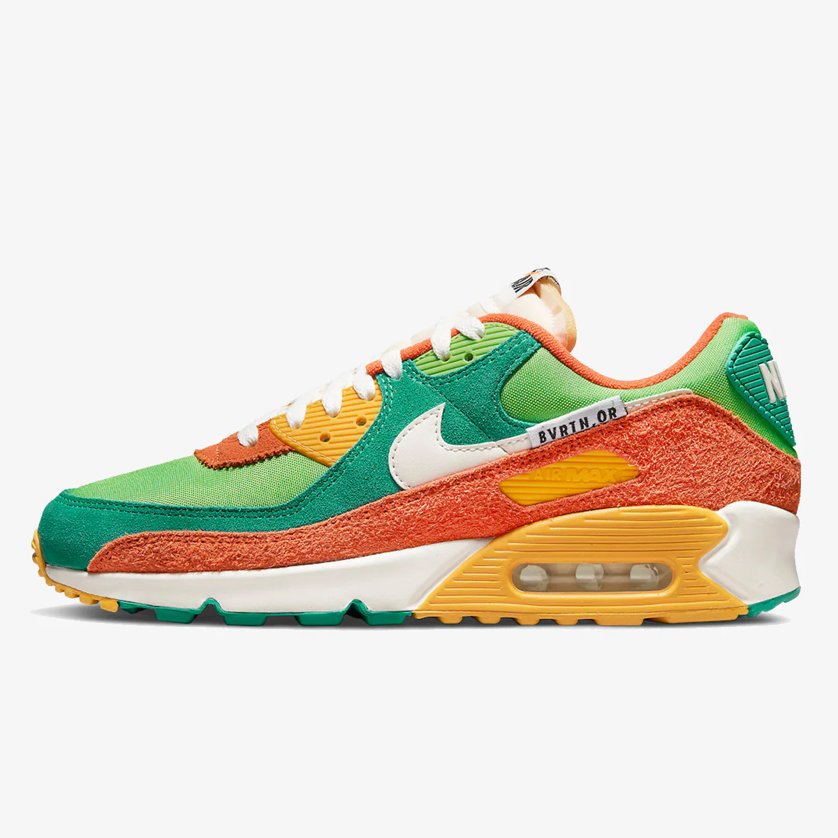 Nike Air Max 90 in green, orange, yellow, side view of the sneaker on a white background.