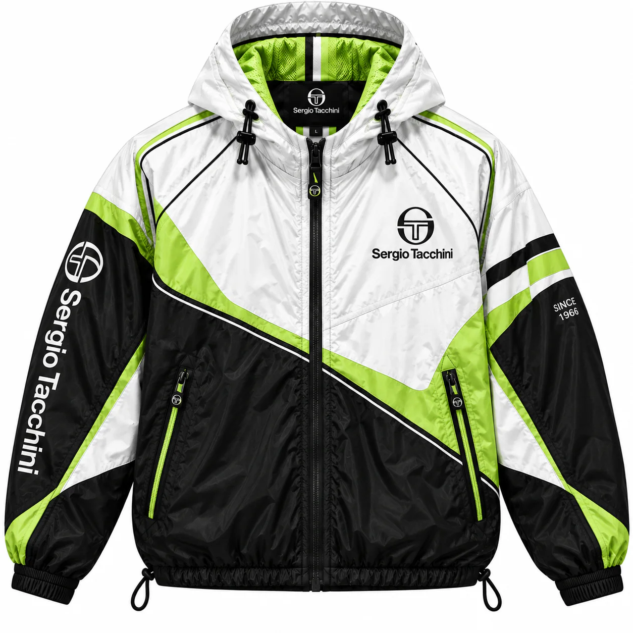 Sergio Tacchini Colorblock in white, black, volt green, front view of the jacket on a white background.