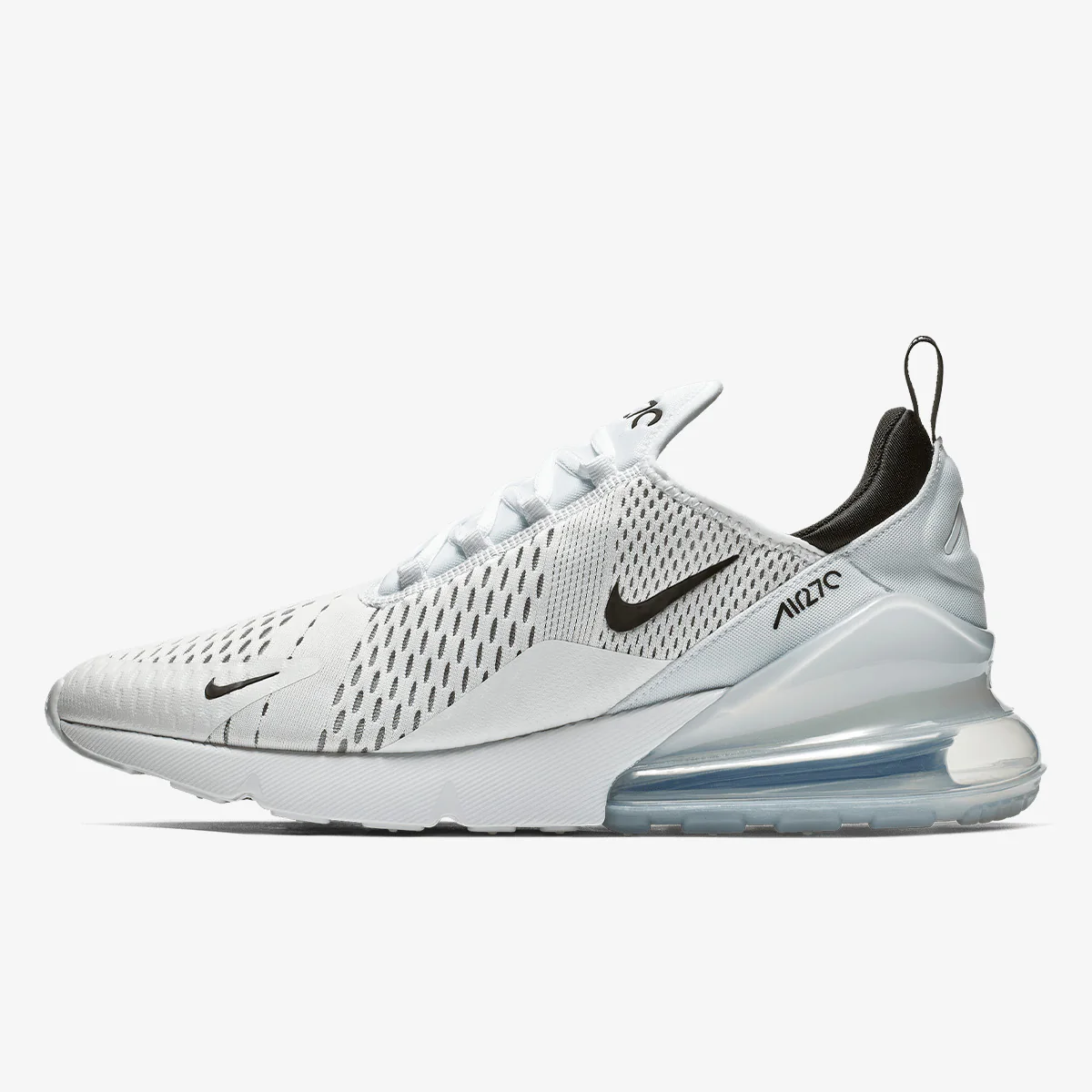 Nike Air Max 270 in white, black, side view of the sneaker on a white background.