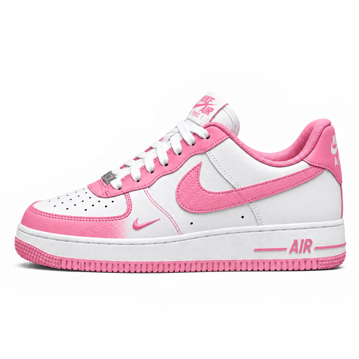 Nike Air Force 1 Low in white, pink, side view of the sneaker on a white background.
