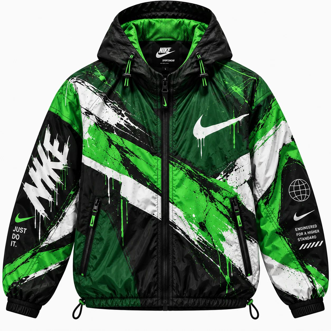 Nike Graphic Windbreaker in black, green, front view of the jacket on a white background.