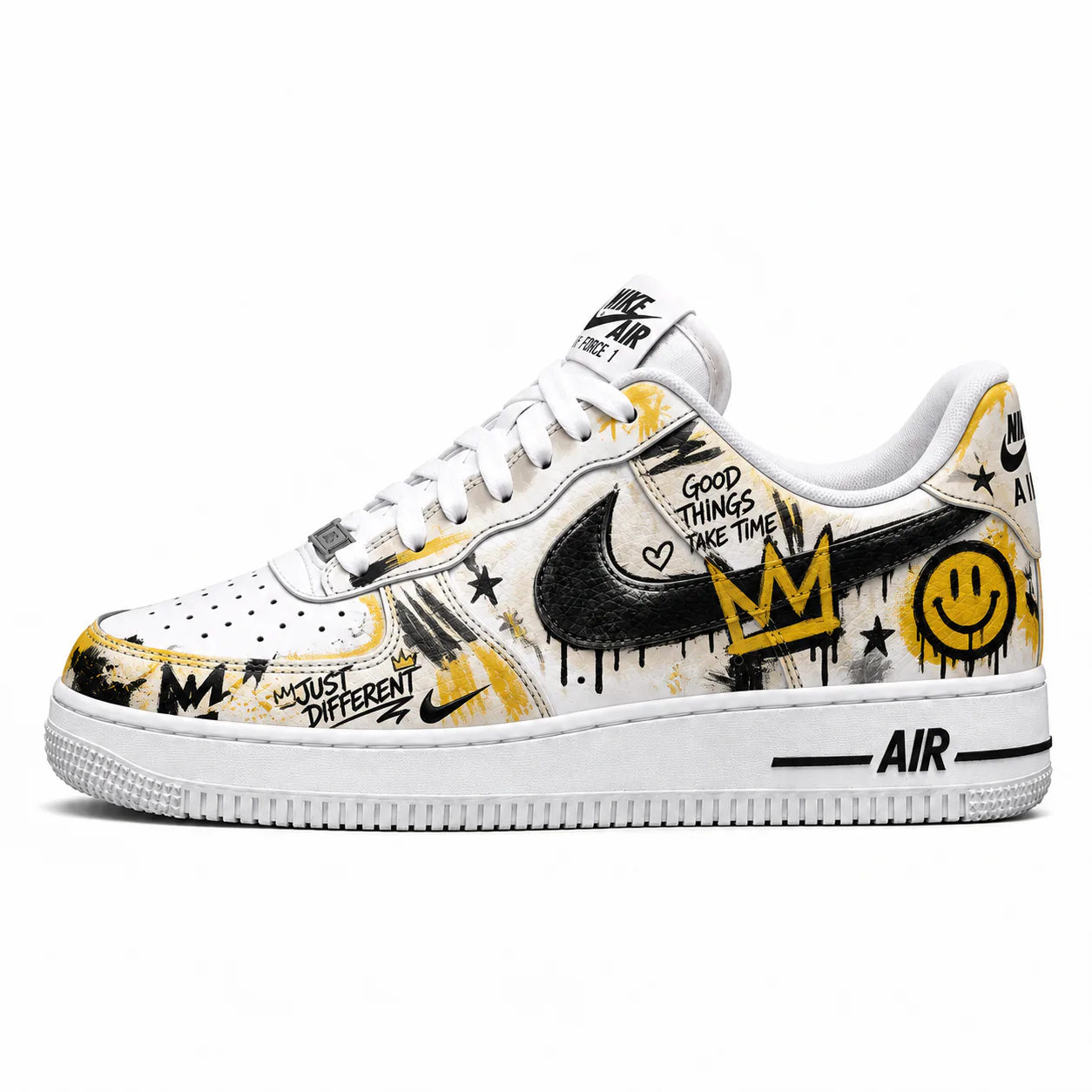Nike Air Force 1 Low in white, black, yellow, side view of the sneaker on a white background.