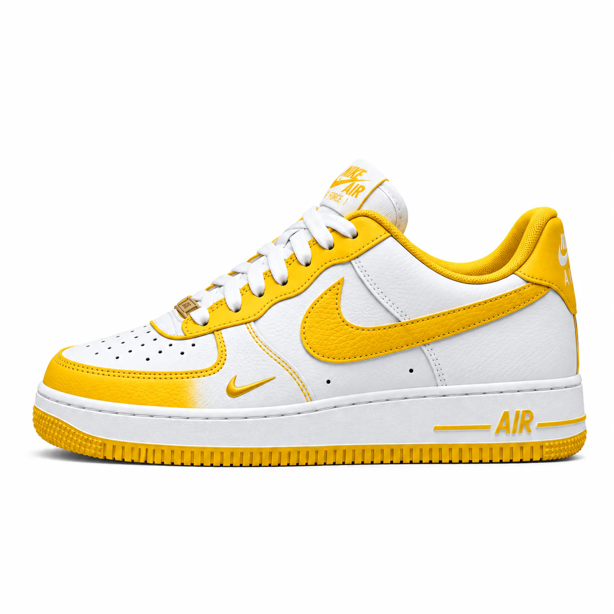 Nike Air Force 1 Low in white, yellow, side view of the sneaker on a white background.