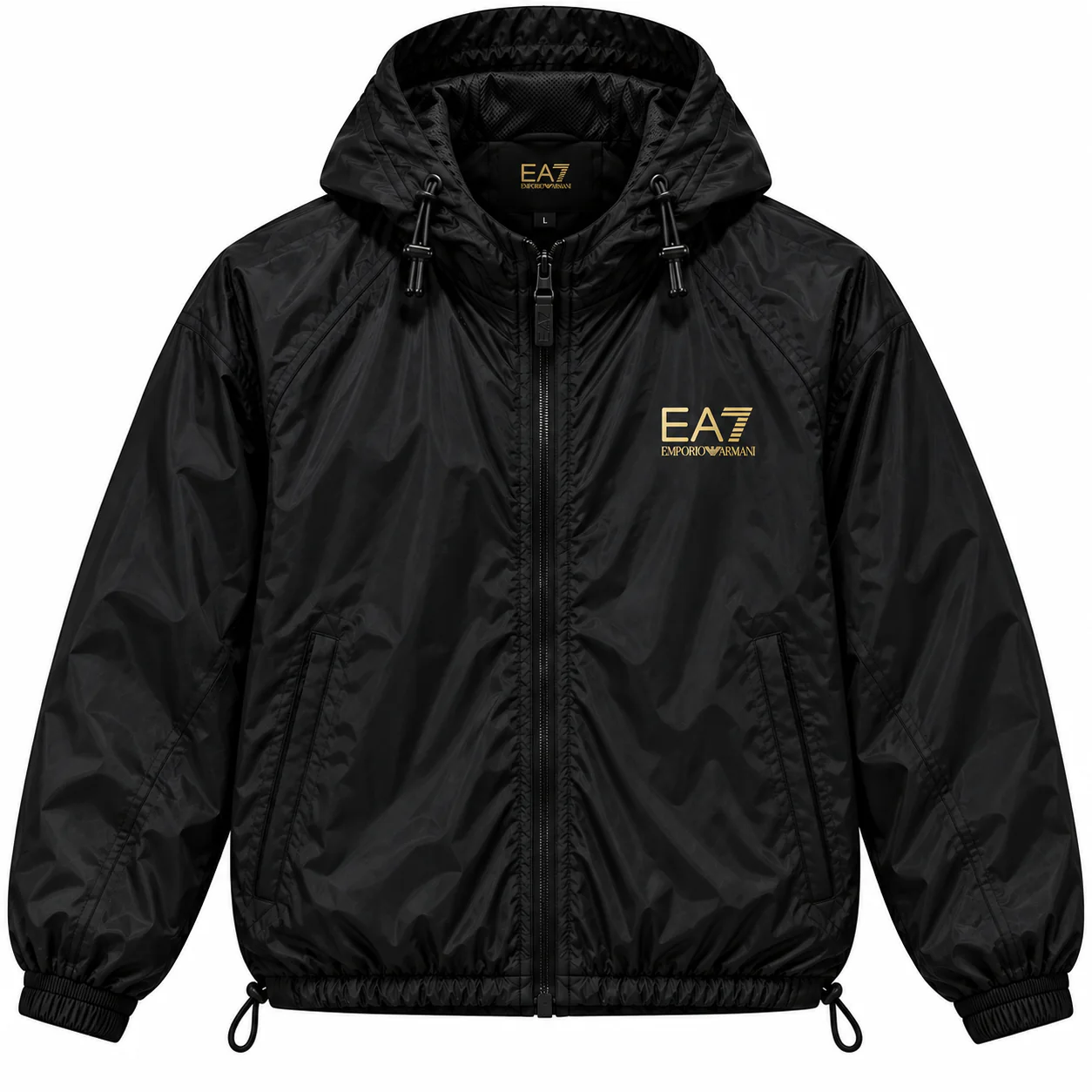 EA7 Logo Windbreaker in black, gold, front view of the jacket on a white background.