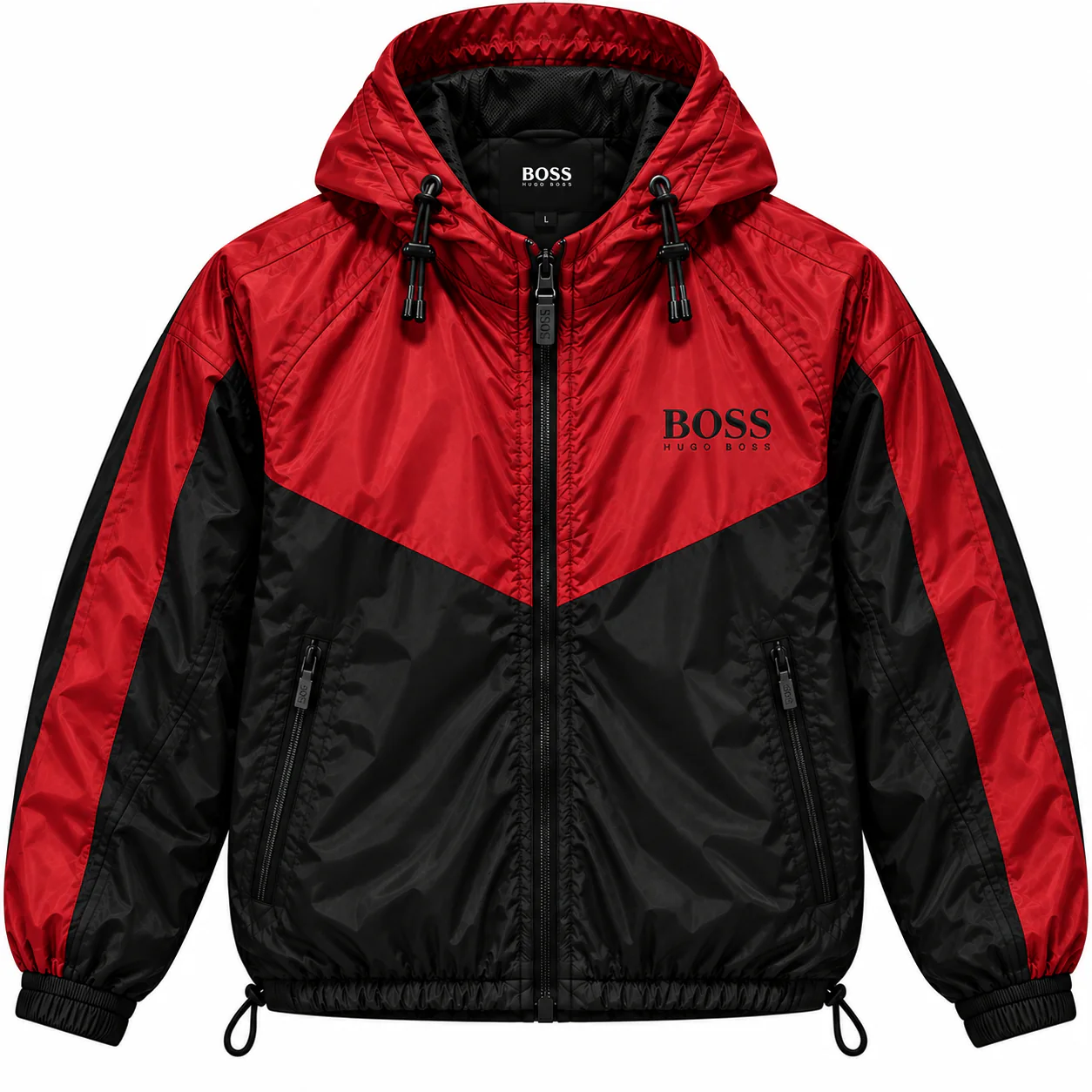 BOSS Colorblock in red, black, front view of the jacket on a white background.