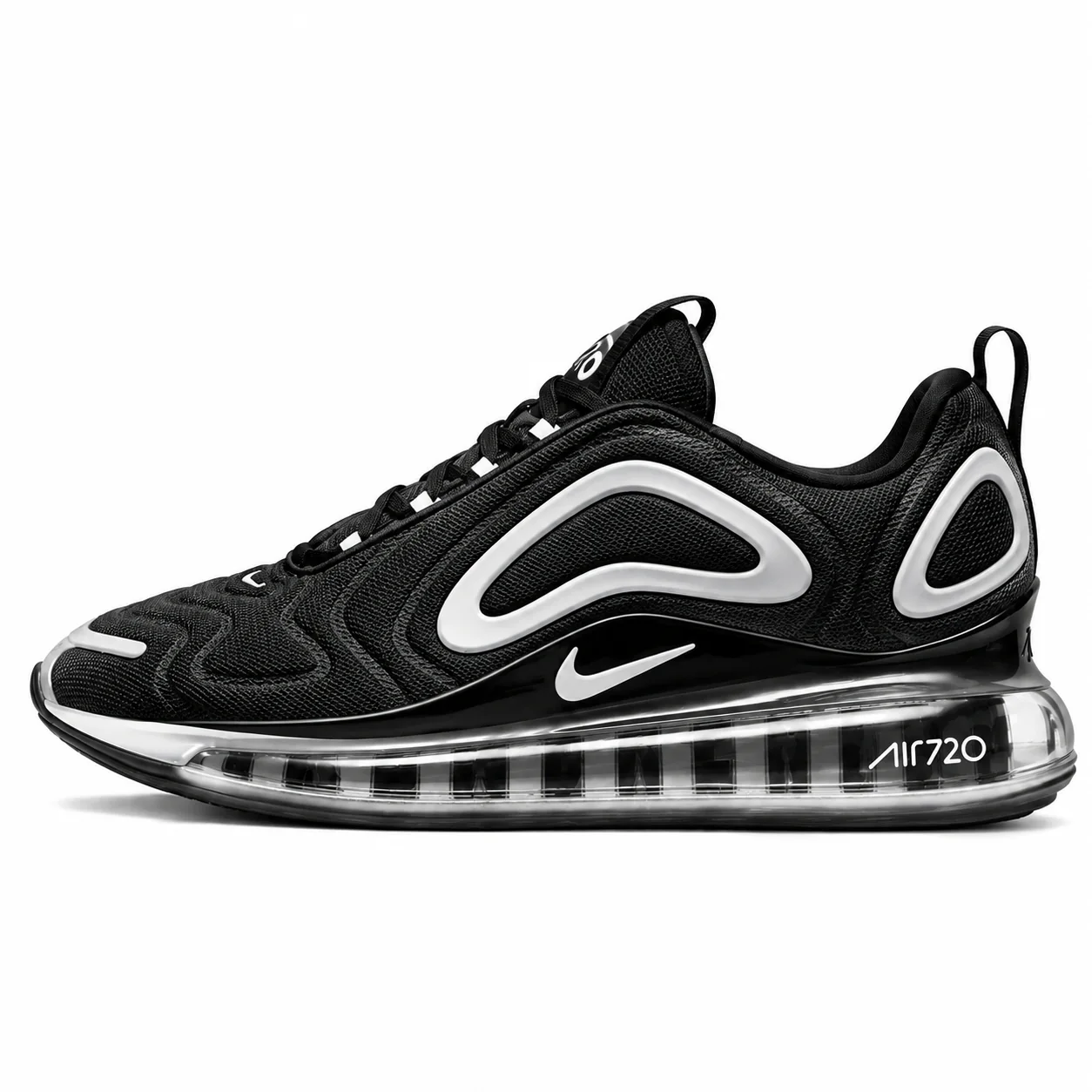Nike Air Max 720 in black, white, side view of the sneaker on a white background.