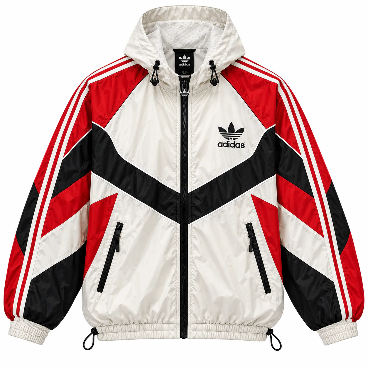 adidas Originals Colorblock in white, red, black, front view of the jacket on a white background.