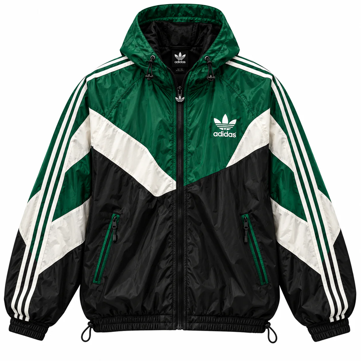 adidas Originals Colorblock in green, white, black, front view of the jacket on a white background.