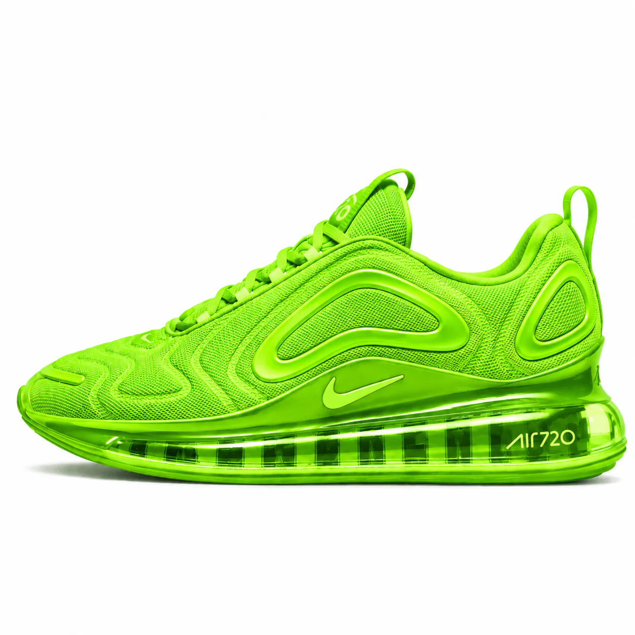 Nike Air Max 720 in volt green, side view of the sneaker on a white background.