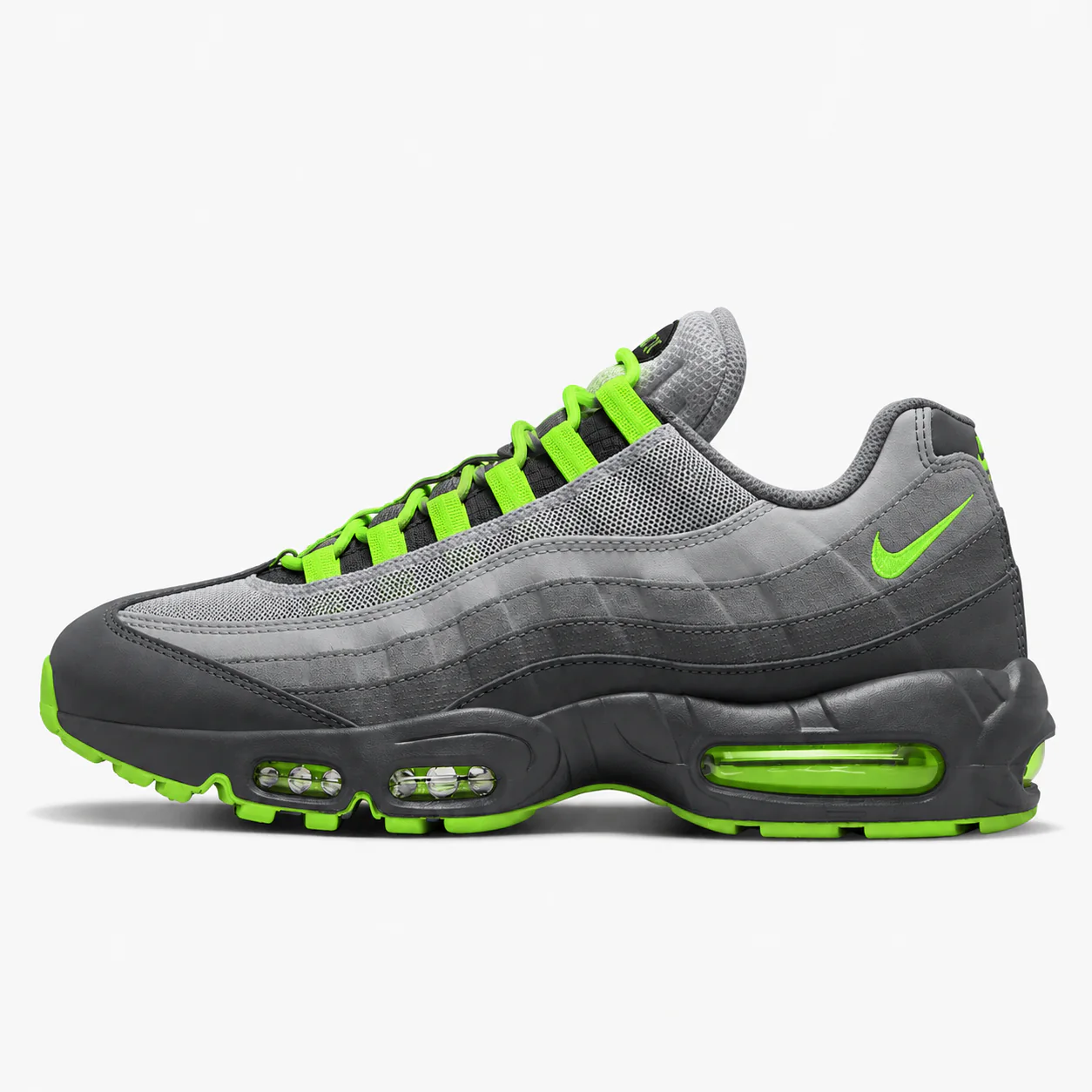 Nike Air Max 95 in grey, black, volt green, side view of the sneaker on a white background.