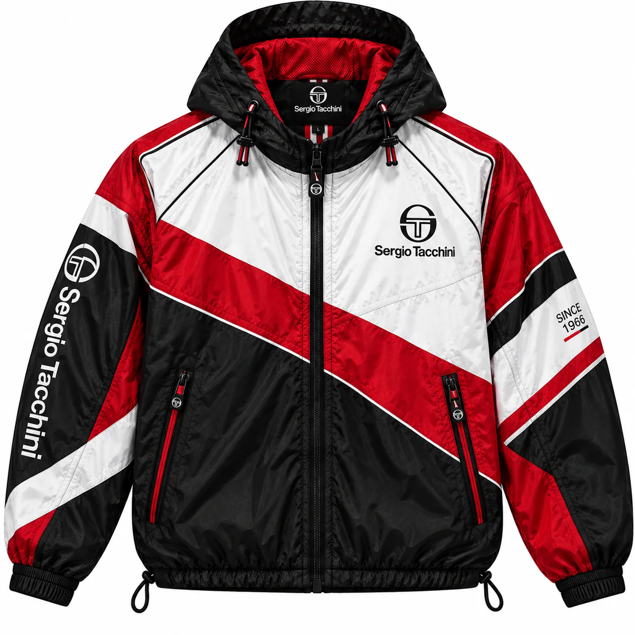 Sergio Tacchini Colorblock in white, red, black, front view of the jacket on a white background.