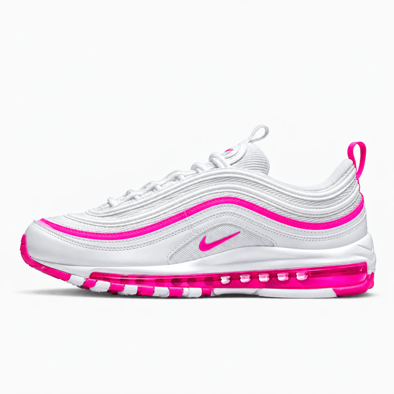 Nike Air Max 97 OG in white, pink, side view of the sneaker on a white background.
