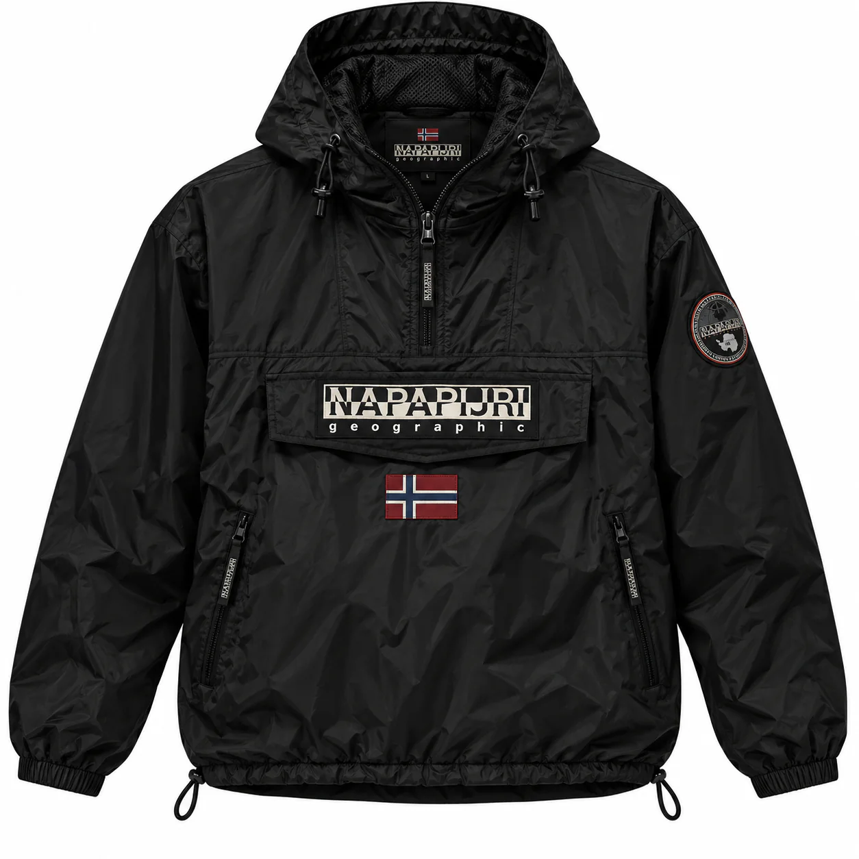 Napapijri Rainforest in black, front view of the jacket on a white background.