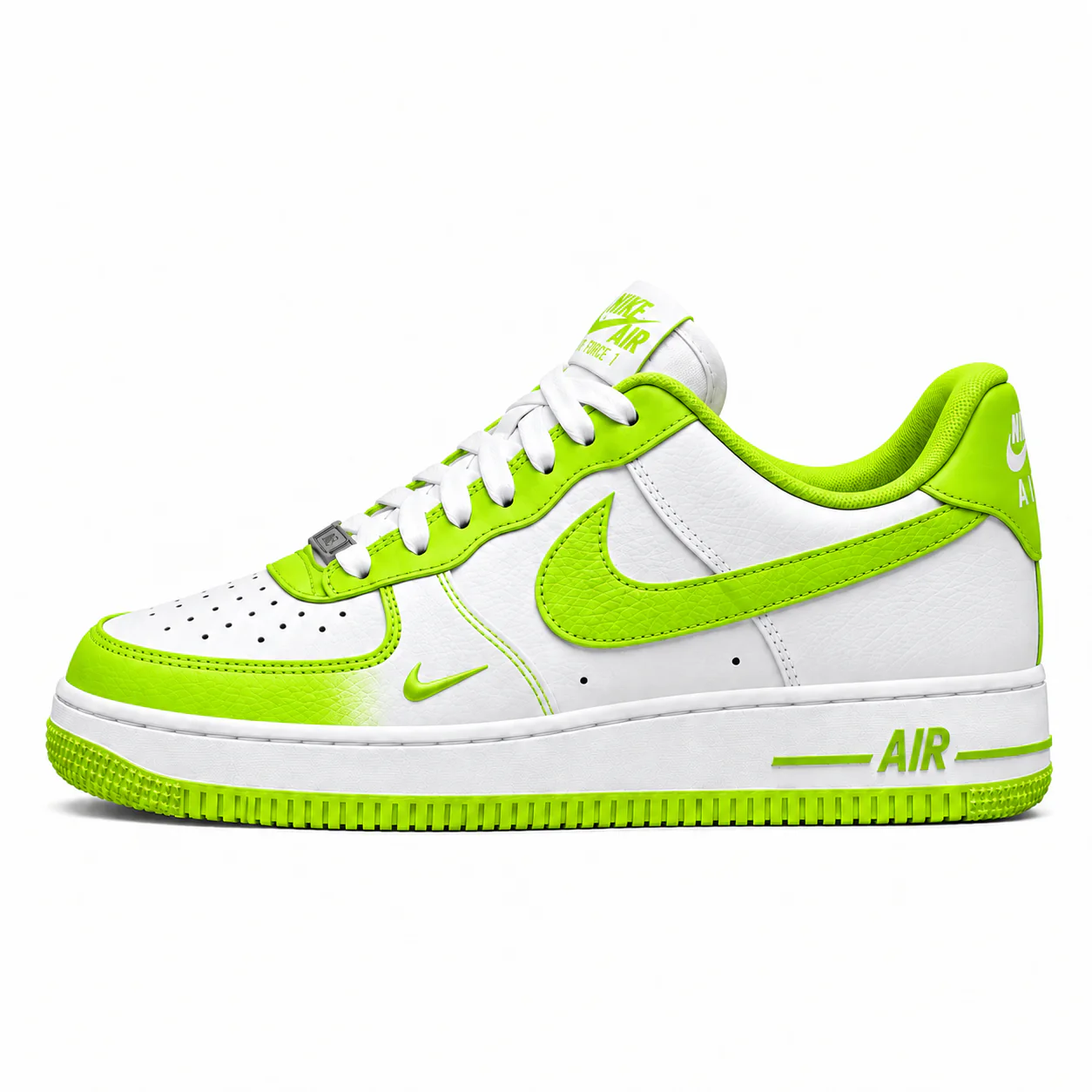Nike Air Force 1 Low in white, volt green, side view of the sneaker on a white background.