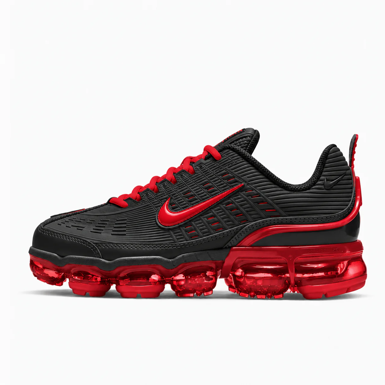 Nike Air VaporMax Plus in black, red, side view of the sneaker on a white background.