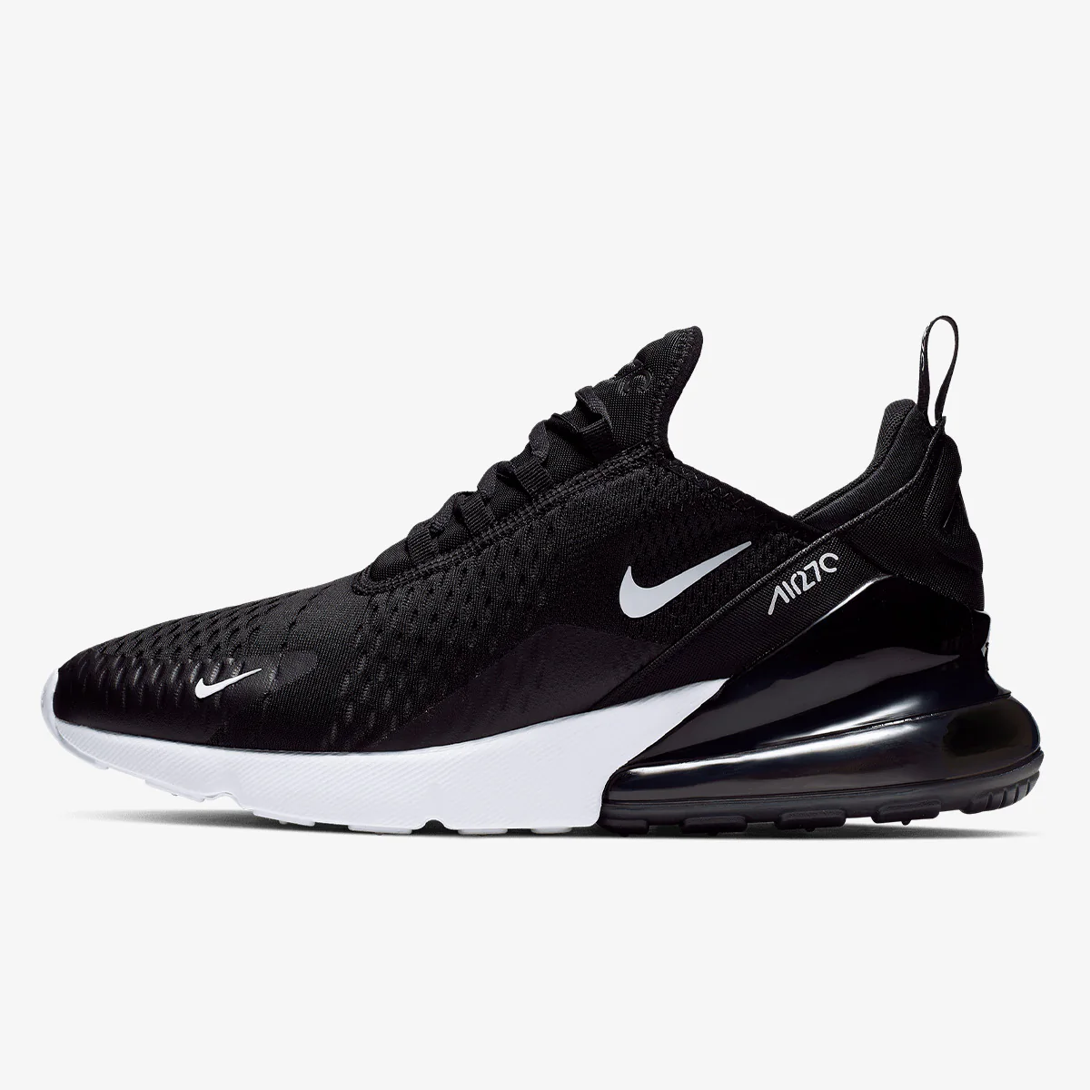 Nike Air Max 270 in black, white, side view of the sneaker on a white background.