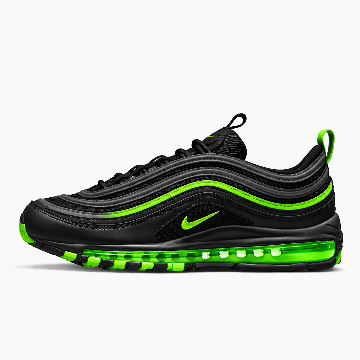 Nike Air Max 97 OG in black, volt green, side view of the sneaker on a white background.