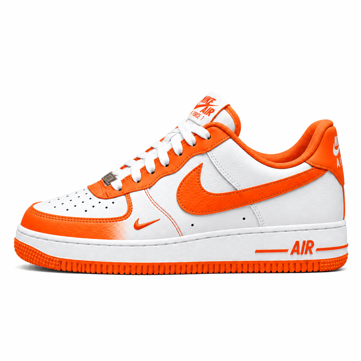 Nike Air Force 1 Low in white, orange, side view of the sneaker on a white background.