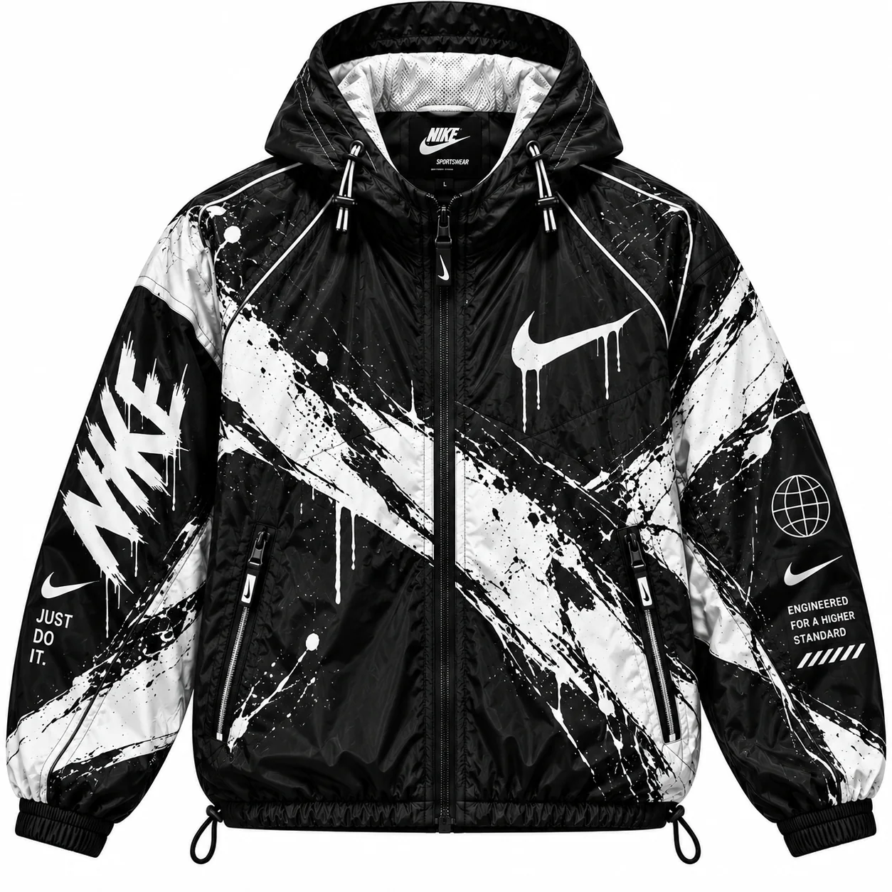 Nike Graphic Windbreaker in black, white, front view of the jacket on a white background.