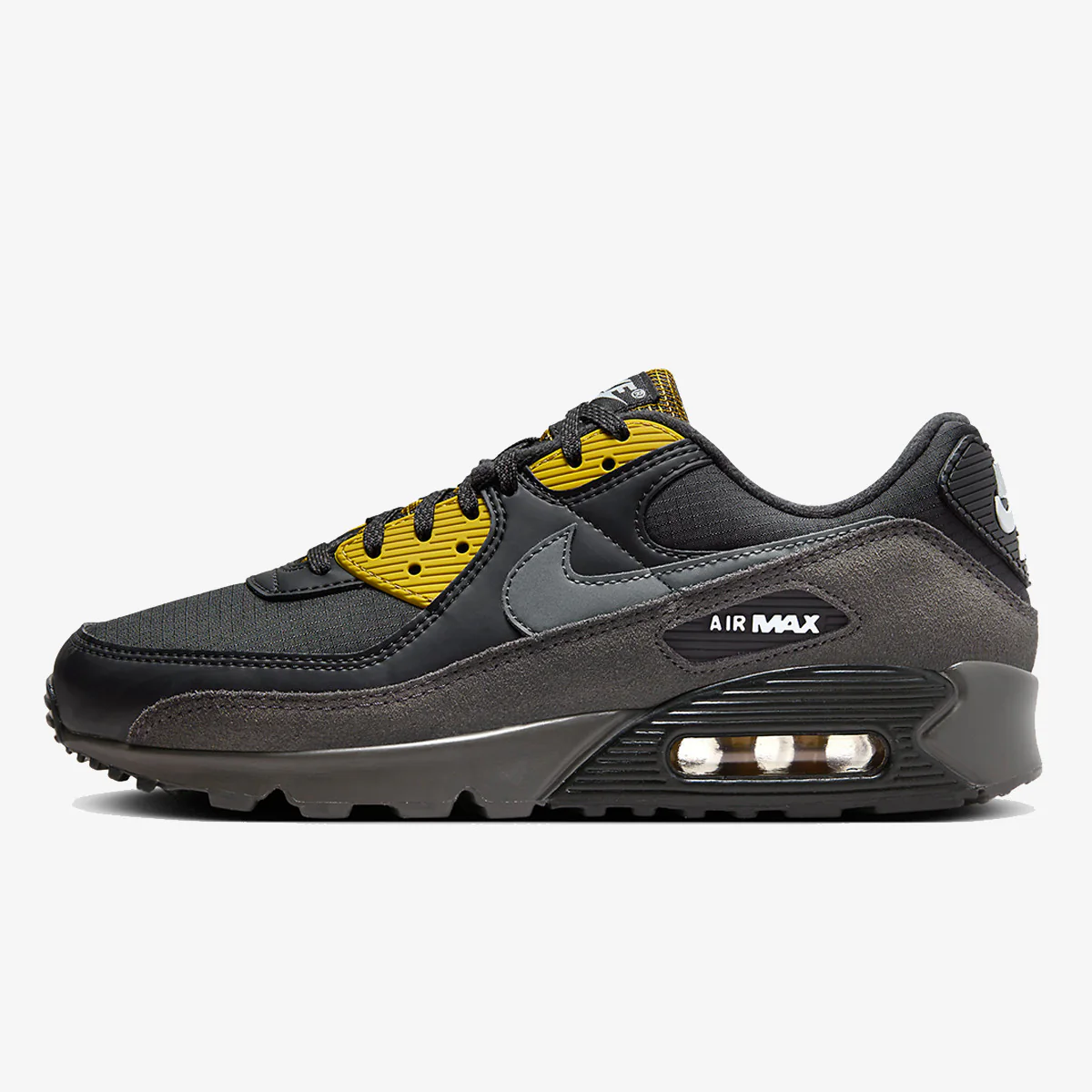 Nike Air Max 90 in charcoal, gold, side view of the sneaker on a white background.