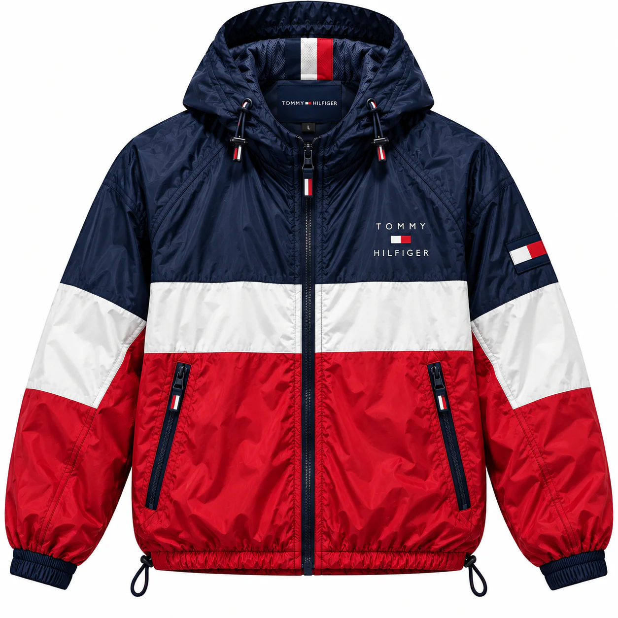 Tommy Hilfiger Colorblock in navy, white, red, front view of the jacket on a white background.