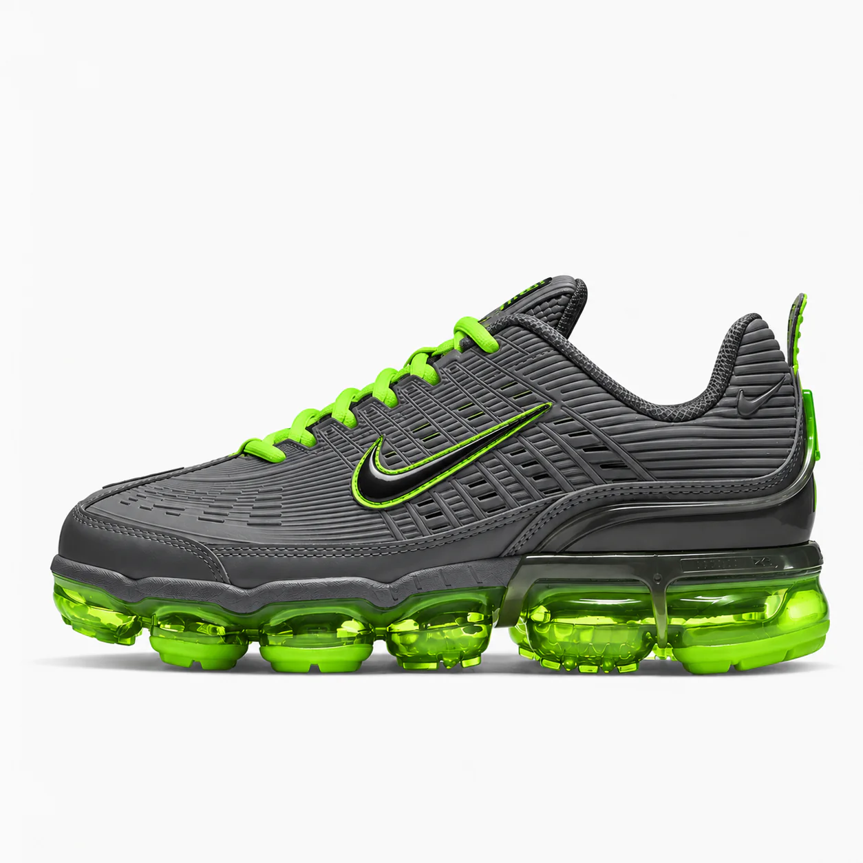 Nike Air VaporMax Plus in grey, volt green, side view of the sneaker on a white background.