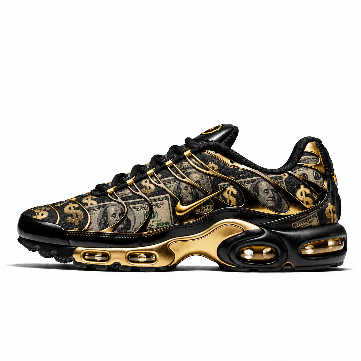 Nike Air Max Plus in black, gold, side view of the sneaker on a white background.