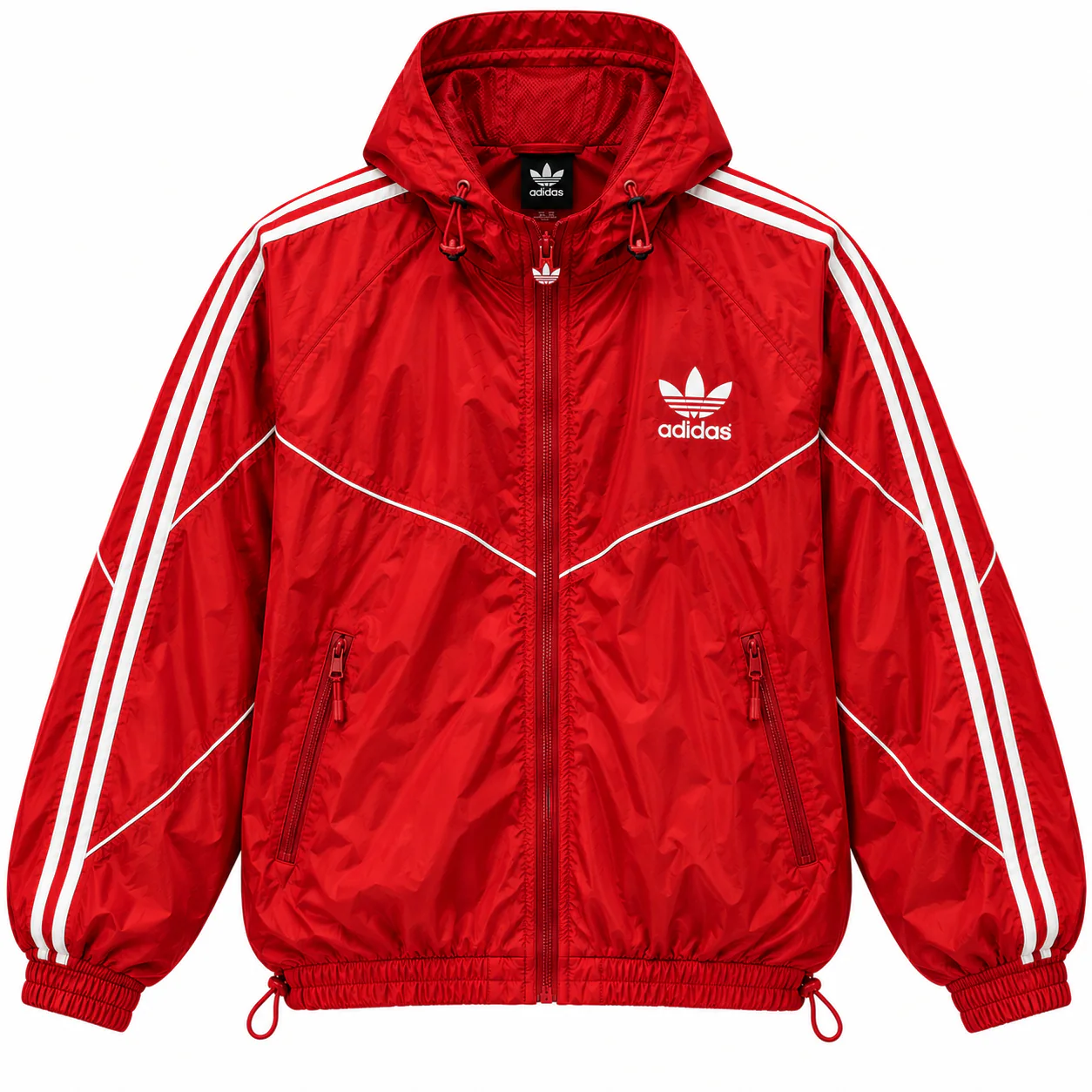 adidas Originals Track in red, white, front view of the jacket on a white background.