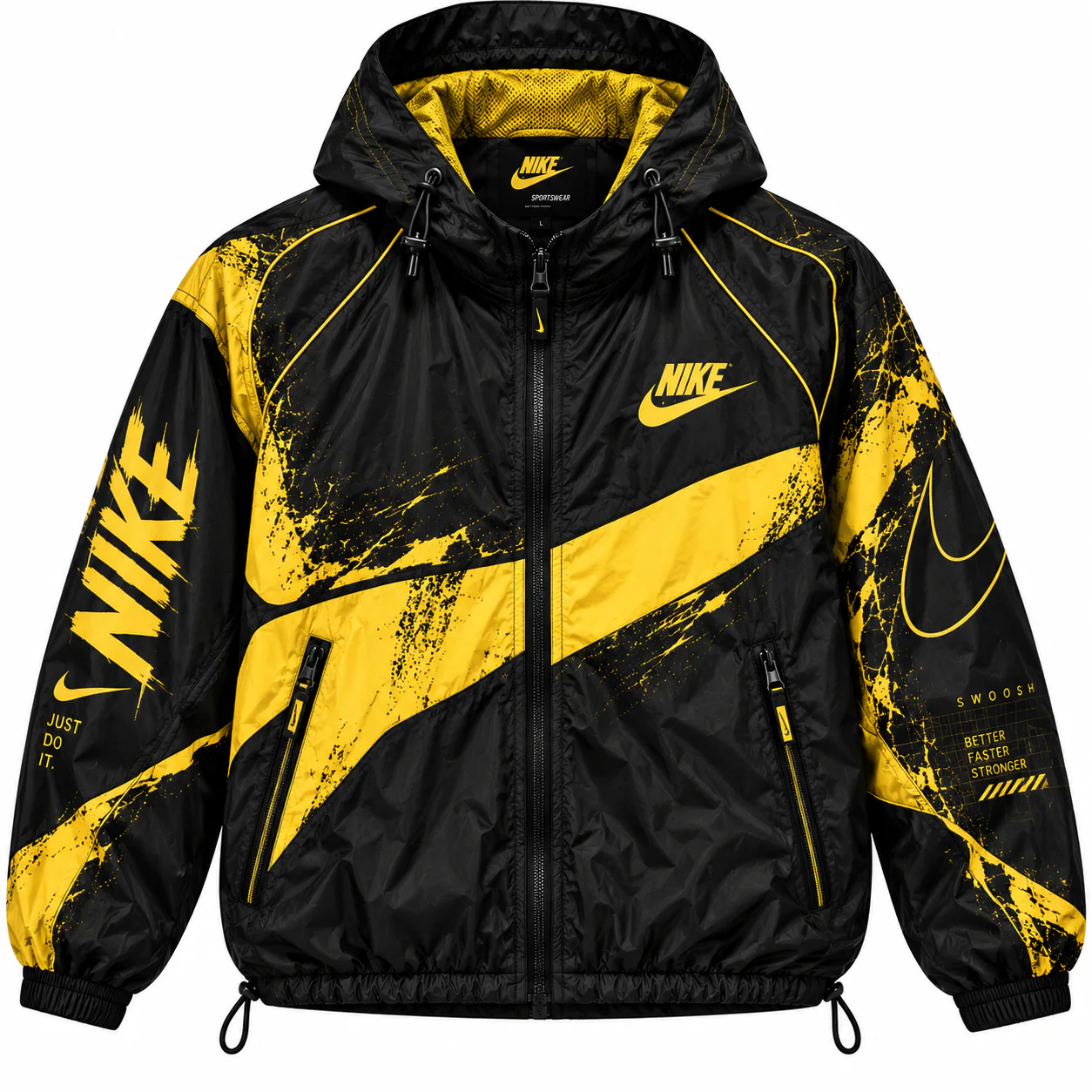 Nike Graphic Windbreaker in black, yellow, front view of the jacket on a white background.